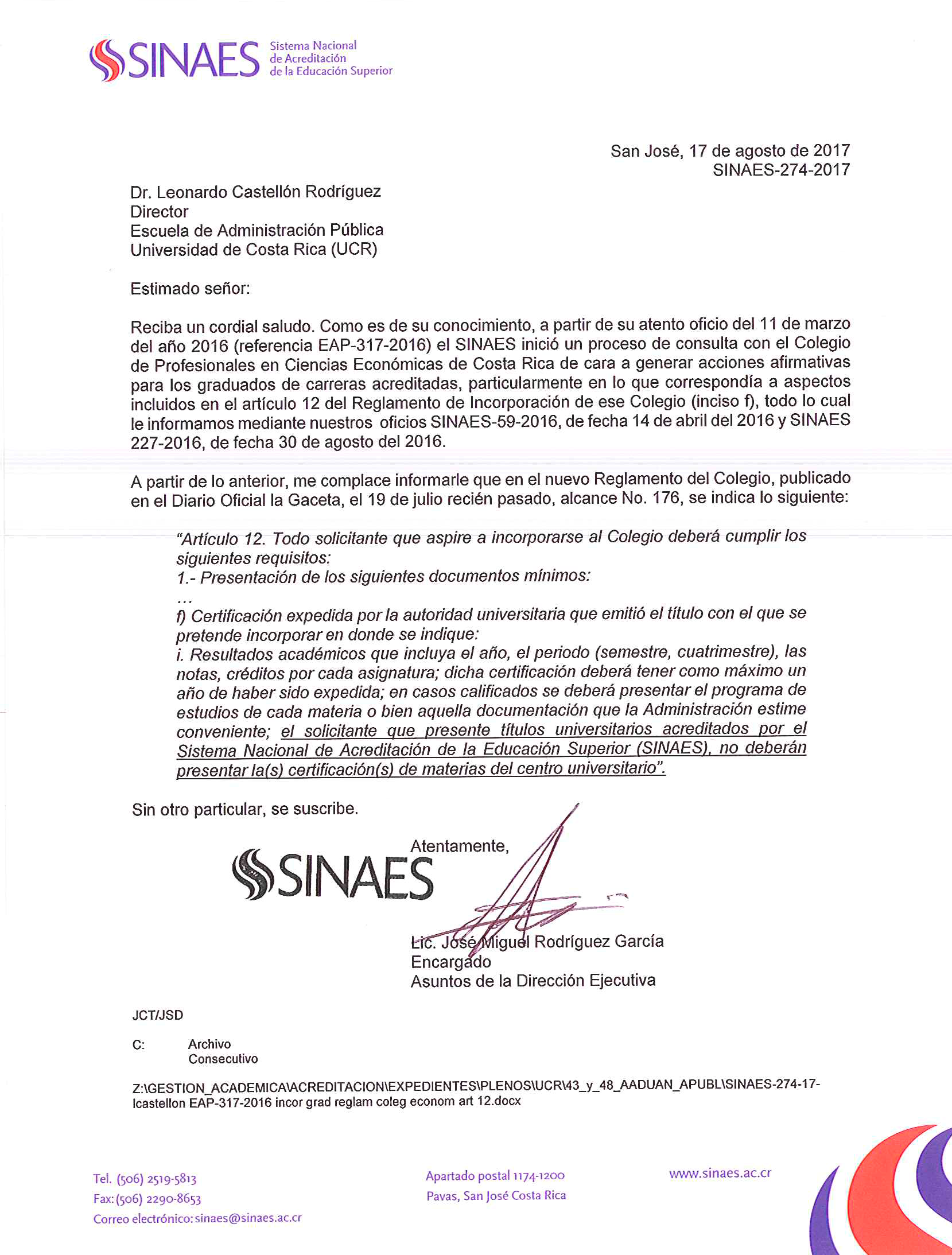 SINAES 274 17 Simplificación trámites CPCECR